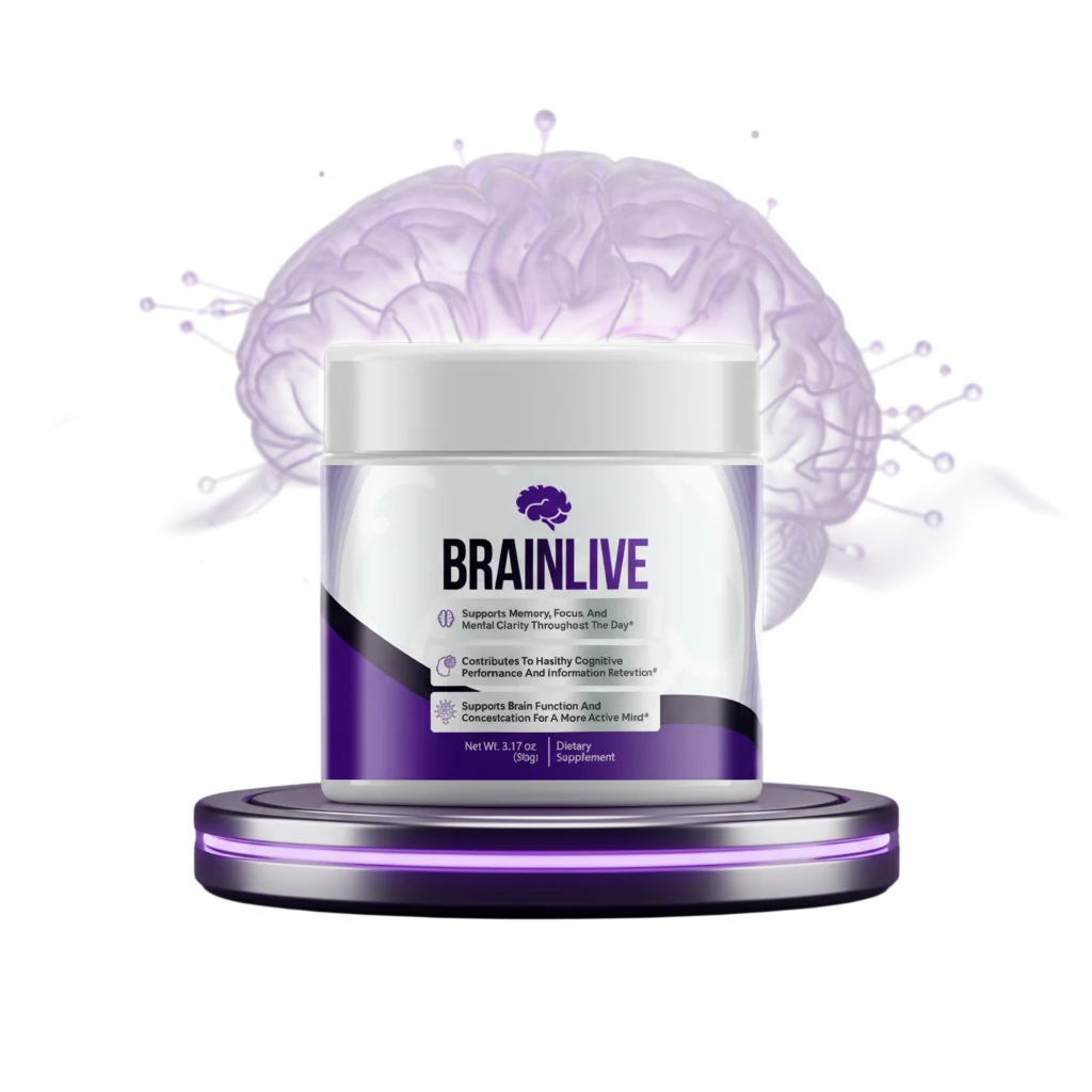 Brainlive brain-support powder tub set against a glowing neural network