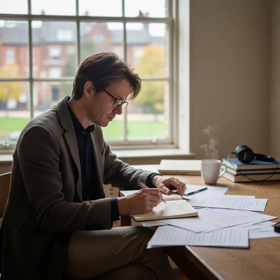 A focused adult reviewing notes at a desk, single-tasking to protect attention