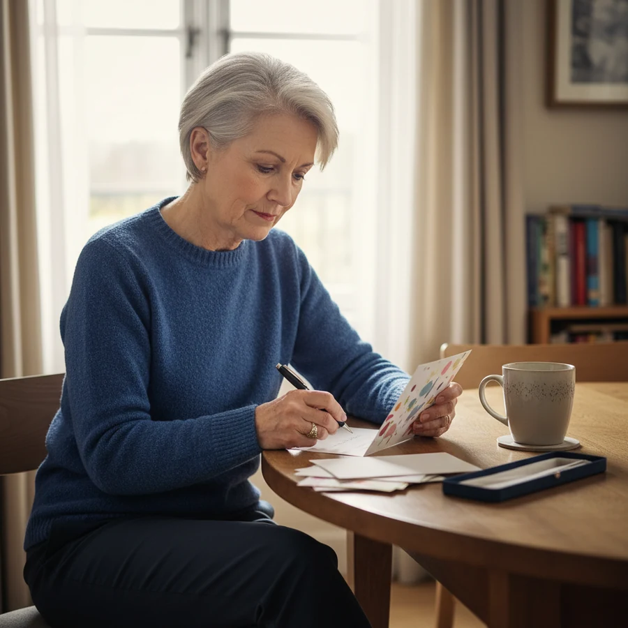 An adult in their sixties writing a birthday card, staying mentally active and connected