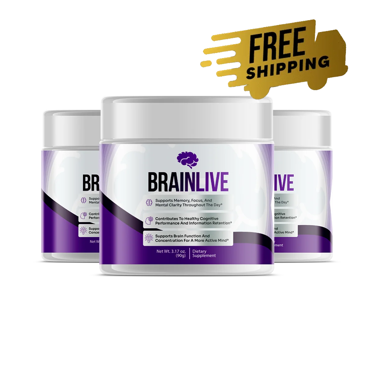 Brainlive powder tubs shown together, available in 1, 3 and 6-tub packages